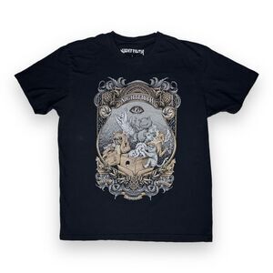 Nightfilth Y2K Cat Party Black Graphic Tee in Vintage Tattoo Style Uni Sz Large